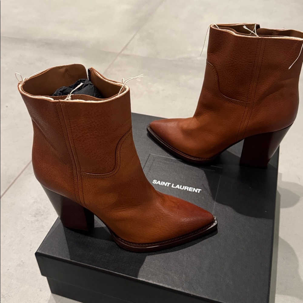 Saint Laurent THEO 95 COGNAC Zip LEATHER Bootie 38 YSL - Picture 3 of 10